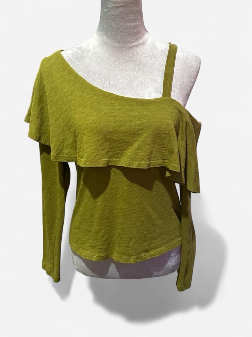 Anthropologie Postmark Olive Green Off the Shoulder Ruffle Top S 100% Cotton